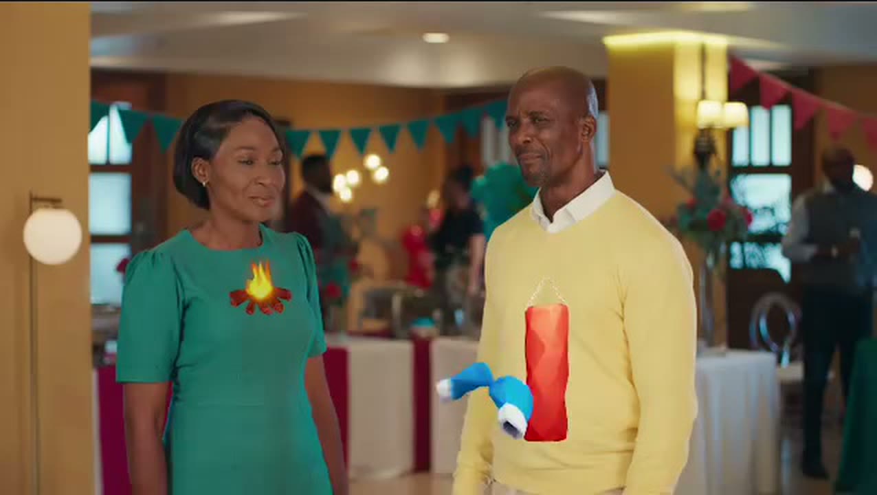 A frame from the Gaviscon Nigeria commercial: two guests at a party in a warm, softly lit interior